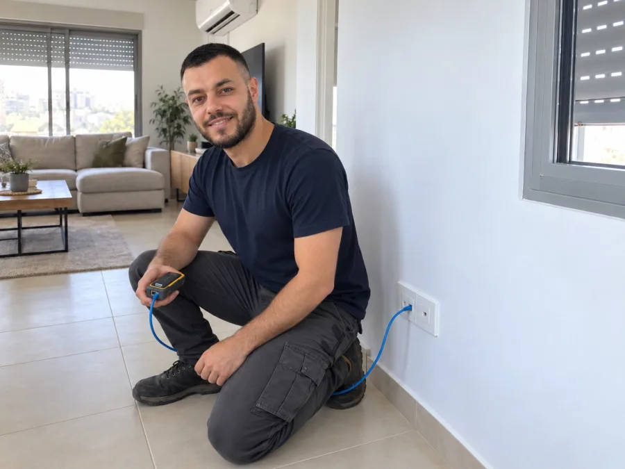 עידן כורע בסלון מואר ליד שקע רשת חדש בקיר, מחזיק בודק כבלים שמחובר אליו בכבל כחול ומחייך