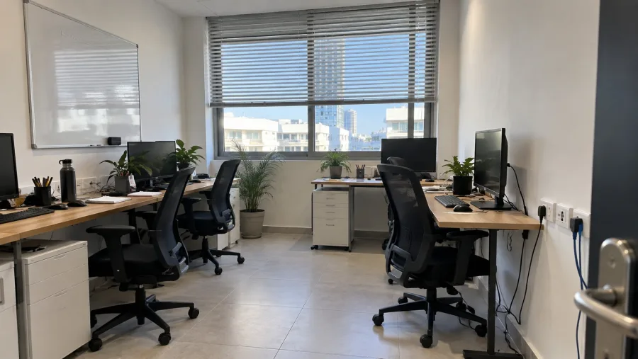 משרד קטן ומואר עם ארבע עמדות עבודה, מסכים וכבלים מסודרים מתחת לשולחנות
